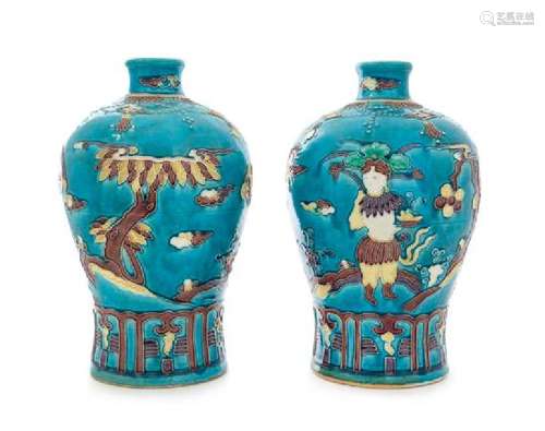 A Pair of Fahua- Style Porcelain Vases, Meiping Height