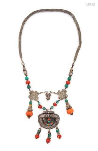 A Tibetan Coral, Malachite and Silver Necklace Length