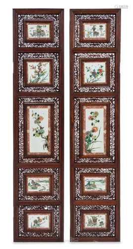 A Pair of Famille Verte Porcelain Inset Hardwood Panels