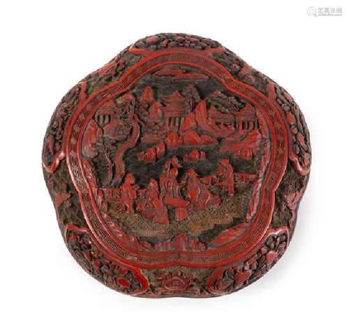 A Carved Red Lacquer Flori-Form Covered Box Length 8