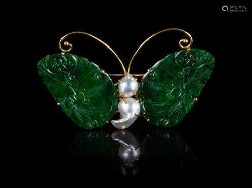 A Spinach Green Jade and Pearl Inset 14K Yellow Gold