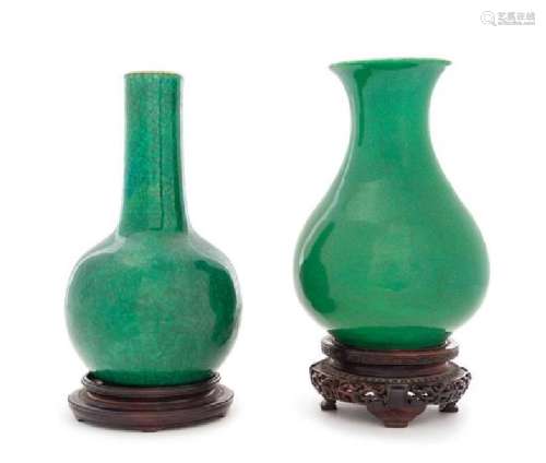 * Two Chinese Crackled Ground Green Glazed Porcelain