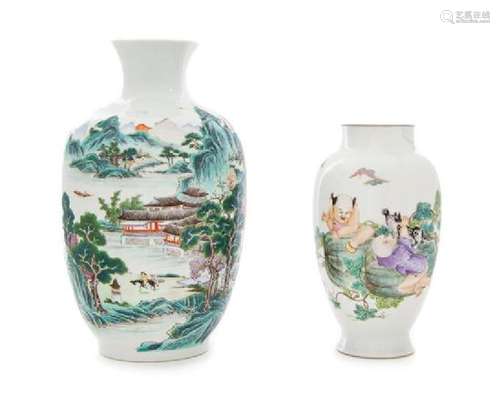 Two Famille Rose Porcelain Vases Height of larger 12