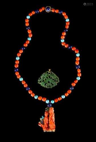 A 14K Yellow Gold, Coral, Lapis and Turquoise Necklace