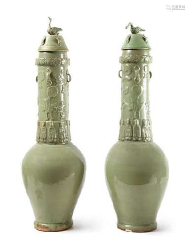 A Pair of Longquan Celadon Glazed Porcelain Funerary