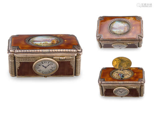 瑞士制 约1930年 镀银珐琅彩外壳手动上炼歌唱鸟盒及钟