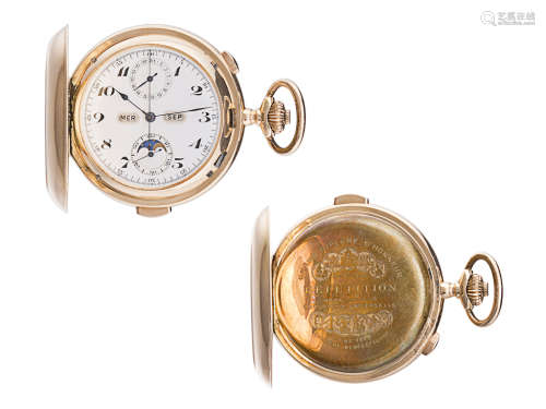 瑞士制 约1910年 14K玫瑰金年历月相两问打簧怀表