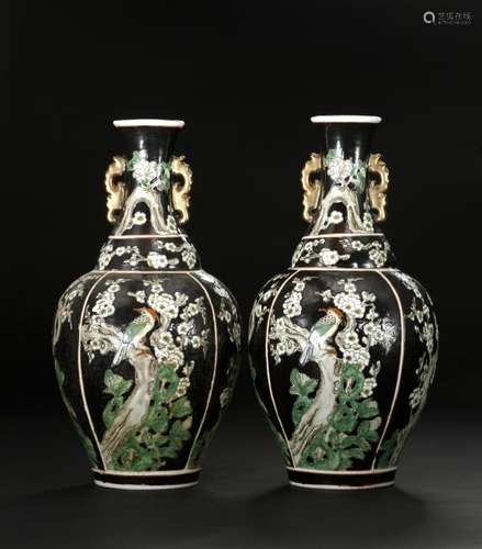 Pair of Famille Noir Bottle Vases