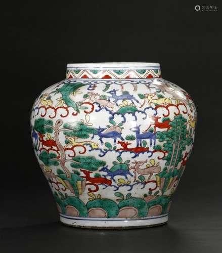 Rare Large Polychrome 'Hundred Deer' Guan Jar