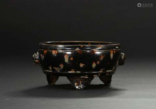 Russet-Splashed Black Glazed Tripod Censer