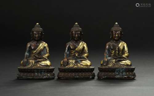 Three Yuan Dynasty Gilt Bronze Buddha