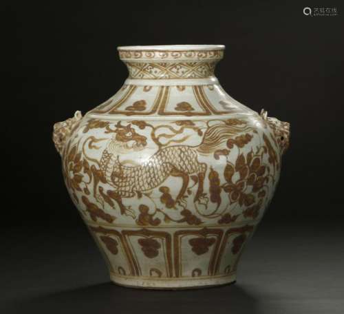 Rare Large Golden-Brown Painted 'Qilin' Guan Jar