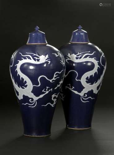 Pair Blue Enameled White Reserved Dragon Vases