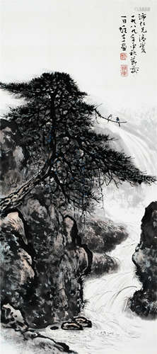 CHINESE SCROLL PAINTING OF PINE TREE BY RIVER