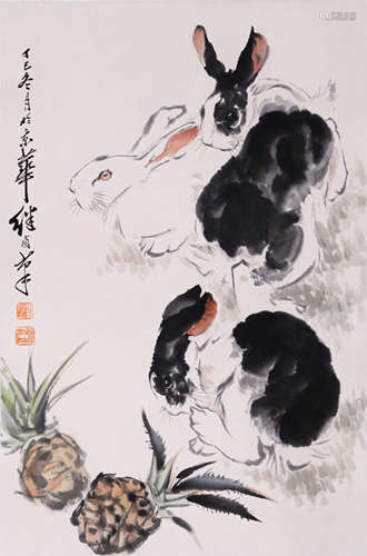 CHINESE SCROLL PAINTING OF RABBITS