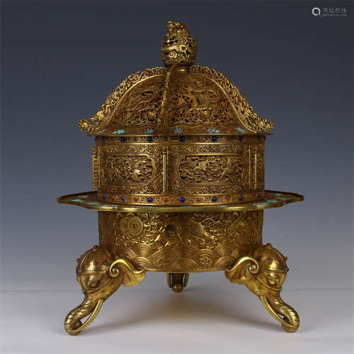 CHINESE GILT BRONZE LIDDED ELEPHANT FEET INCENSE CAGE