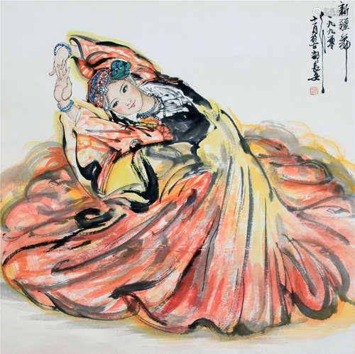 CHINESE SCROLL PAINTING OF DANCING GIRL