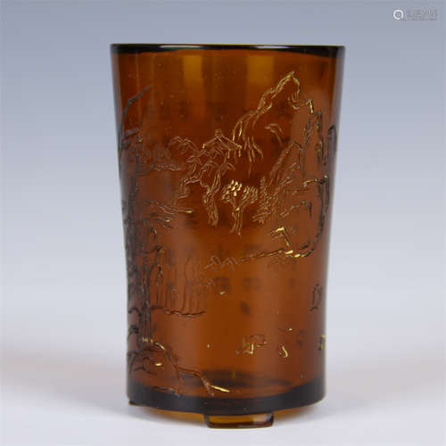 CHINESE PEKING  GLASS RELIF CARVED BRUSH POT