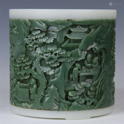 CHINESE SPINACH AND WHITE JADE CARVED BRUSH POT