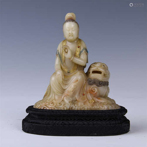 CHINESE SOAPSTONE SEATED GUANYIN WITH LION