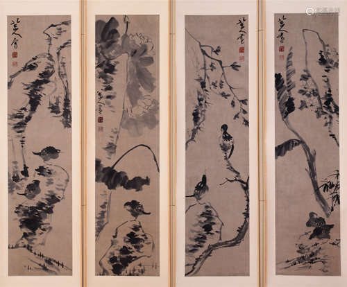 FOUR PANELS OF CHINESE SCROLL PAINTING OF BIRDS ON ROCK