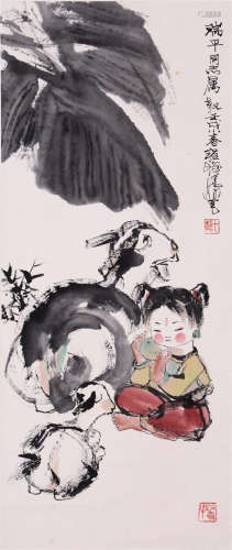 CHINESE SCROLL PAINTING OF GIRL AND RAM WITH PUBLICATION