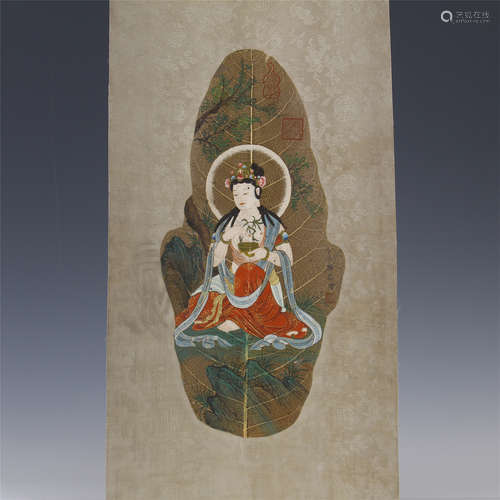 CHINESE LEAF PAINTING OF SEATED GUANYIN