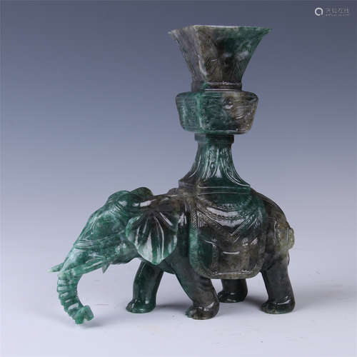 CHINESE SPINACH JADE ELEPHANT WITH VASE