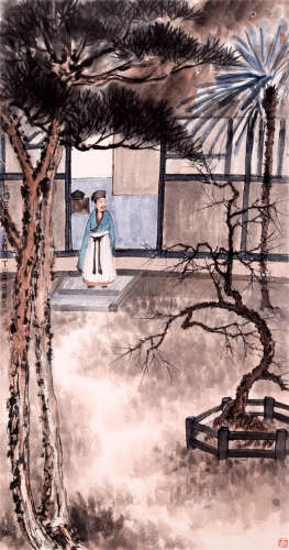 CHINESE SCROLL PAINTING OF MAN IN GARDEN