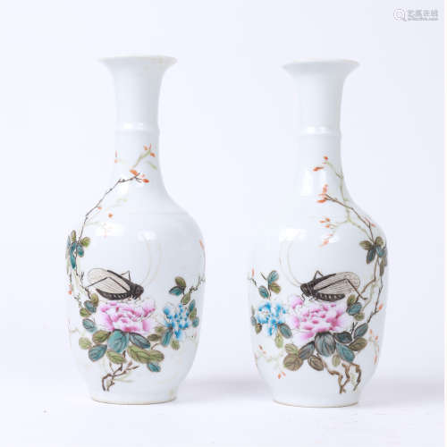 PAIR OF CHINESE PORCELAIN FAMILLE ROSE INSECT AND FLOWER VASES