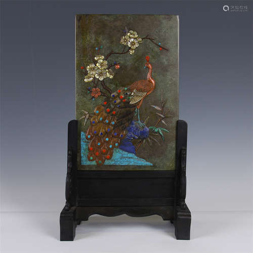 CHINESE GEM STONE INLAID INKSTONE PLAQUE TABLE SCREEN