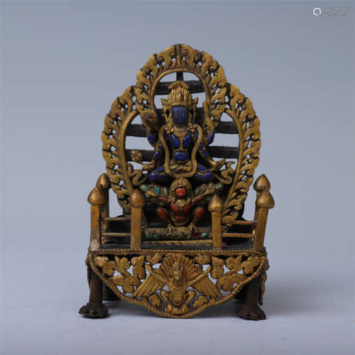 CHINESE GILT BRONZE LAPIS CORAL SEATED BUDDHA