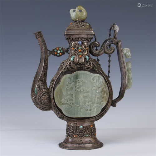 CHINESE CELADON JADE INLAID SILVER KETTLE