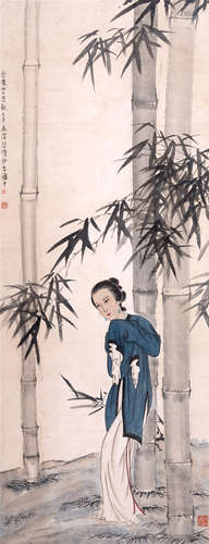 CHINESE SCROLL PAINTING OF BEAUTY AND BAMBOO