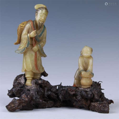 CHINESE SOAPSTONE CARVED FISHER AND BOY