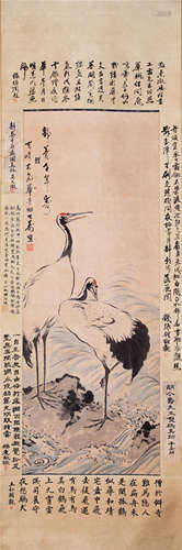 CHINESE SCROLL PAINTING OF CRANE BY RIVER