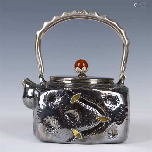 CHINESE GOLD INLAID SILVER TEA POT