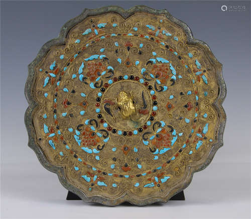 CHINESE TURQUOISE INLAID GILT BRONZE FLOWER SHAPED MIRROR