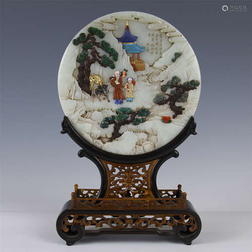 CHINESE GEM STONE INLAID ROUND WHITE JADE PLAQUE BOXWOOD ROSEWOOD TABLE SCREEN