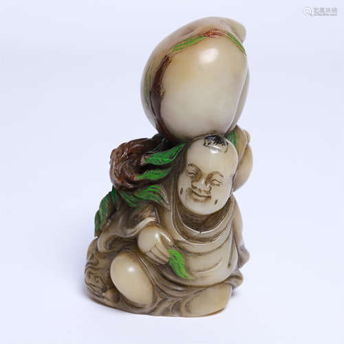 CHINESE SOAPSTONE SEATED BOY WITH PEACH