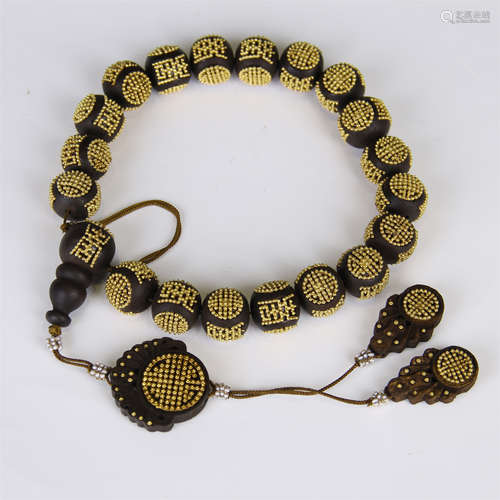 CHINESE GILT SILVER INLAID AGALWOOD BEAD BRACELET