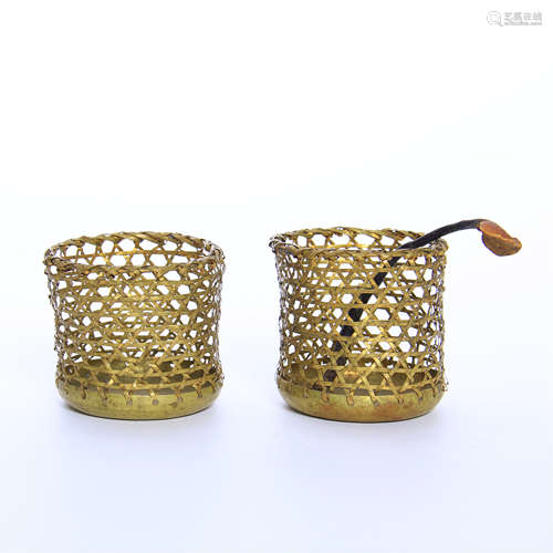 PAIR OF CHINESE GILT BRONZE BRUSH POTS