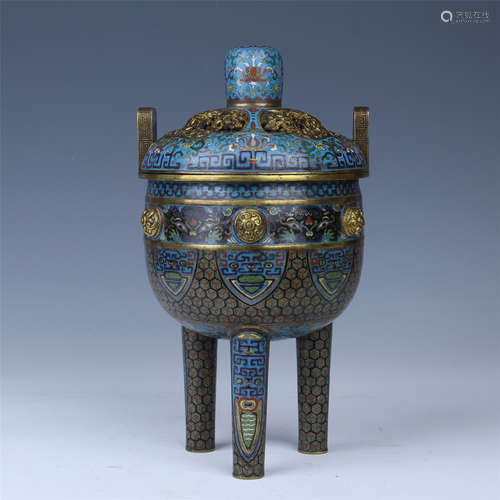 CHINESE CLOISONNE LONG FEET LIDDED CENSER