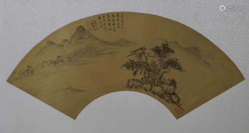 CHINESE FAN PAINTING OF LANDSCAPE ON GOLD PAPER