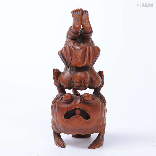 CHINESE BAMBOO CARVED BOY AND TOAD