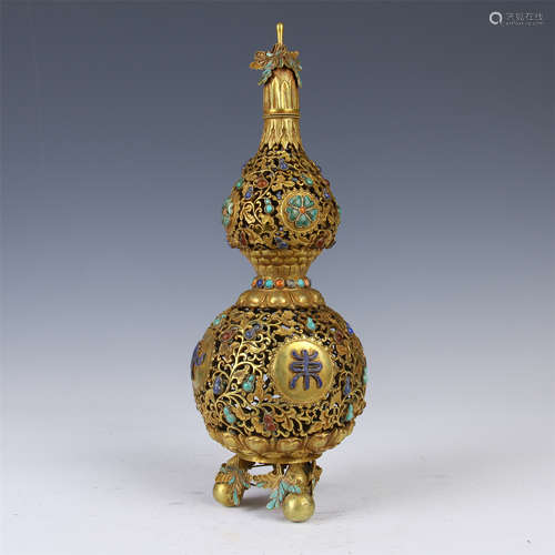 CHINESE GEM STONE INLAID GILT BRONZE GOURD VASE