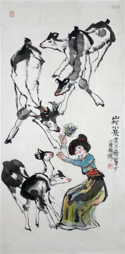 CHINESE SCROLL PAINTING OF GIRL AND DEER