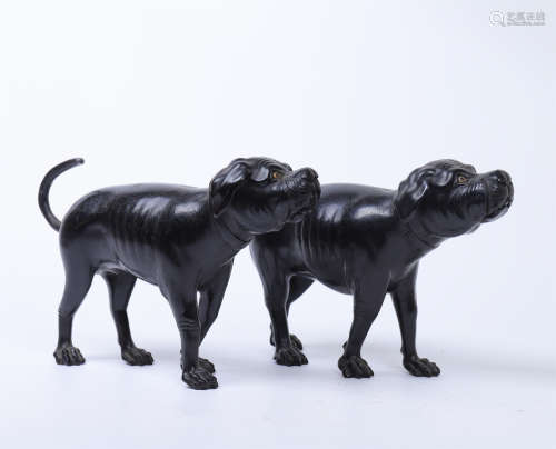 PAIR OF CHINESE ZITAN CARVED PUPPY