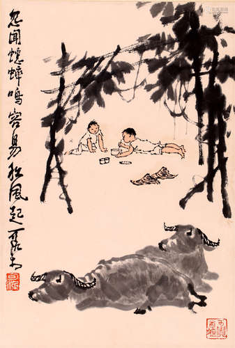 CHINESE SCROLL PAINTING OF COWBOYS AND OXES