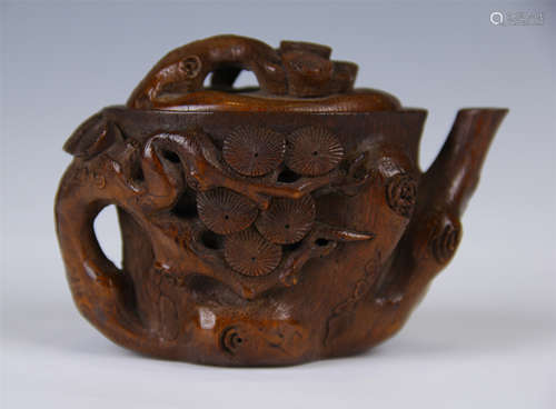 CHINESE BAMBOO ROOT CARVED TEA POT